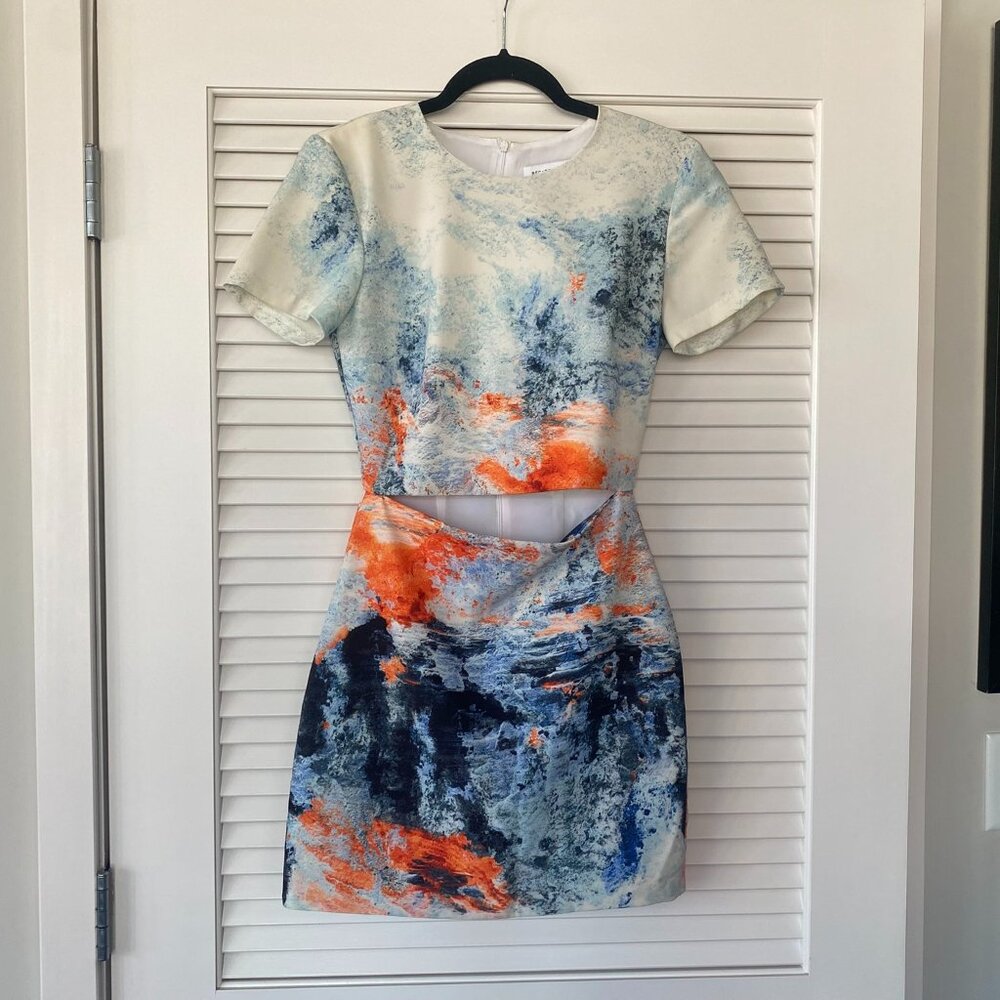 Bec & Bridge Fire and Ice Short Sleeve Mini Dress, Blue Orange, Size 4